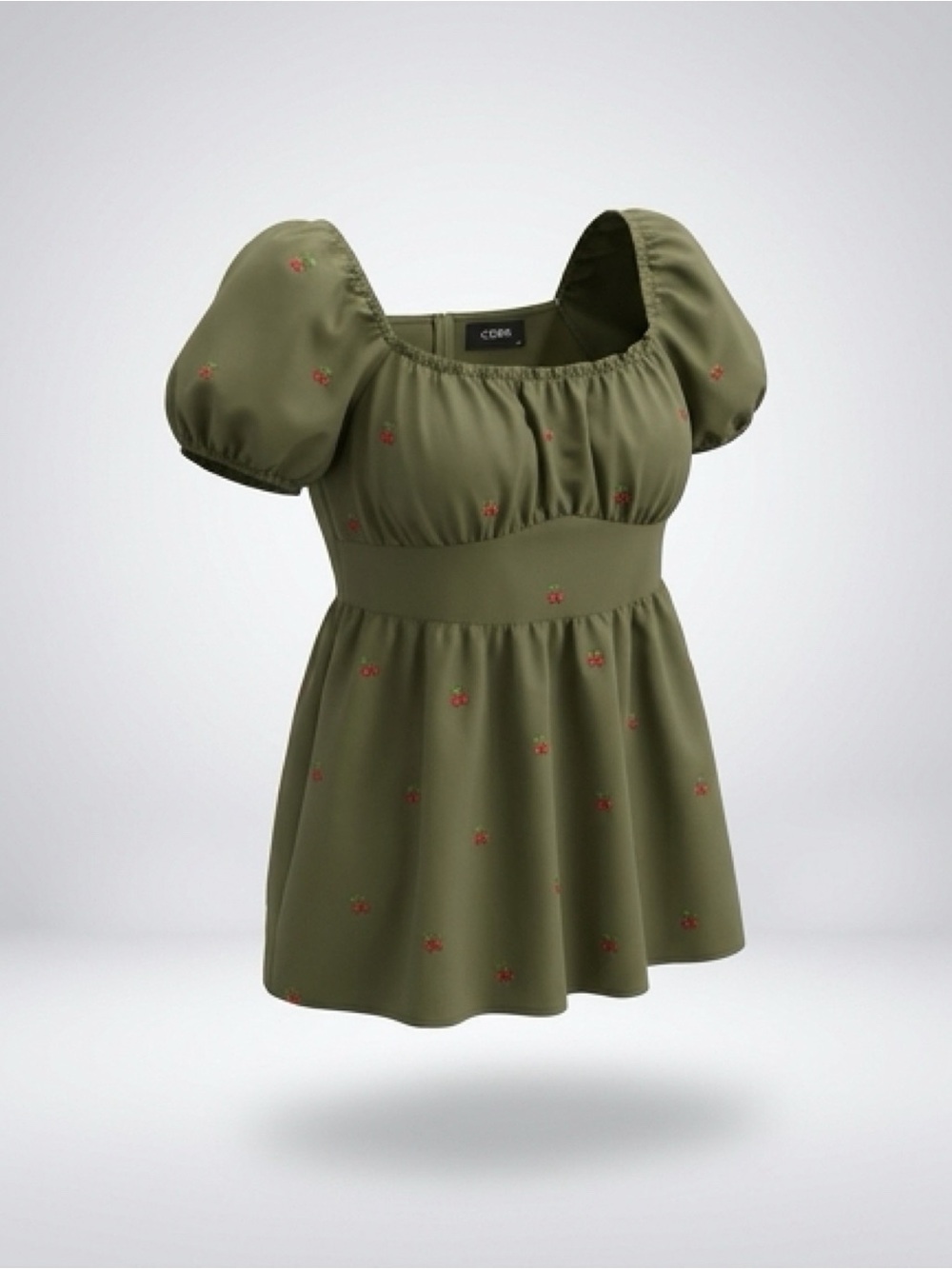 Olive Puff-Sleeve Peplum dress with Micro Floral Embroidery
